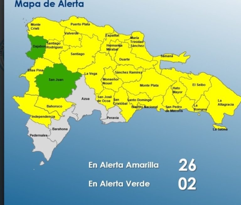 El COE mantiene 25 provincias y el Distrito Nacional en alerta amarilla y 02 en verde